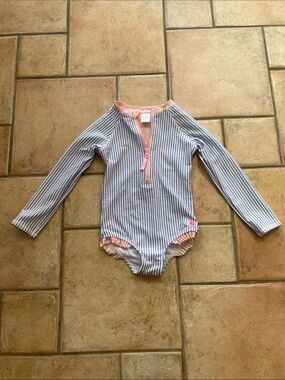 Ruffle Butts Pink Polka Dot & Blue Stripe Girls Swimsuit